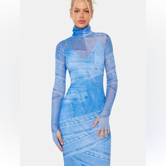 NWT AFRM Shailene Midi Dress in Blue Denim Mesh long sleeve mock neck dress - Picture 2 of 6